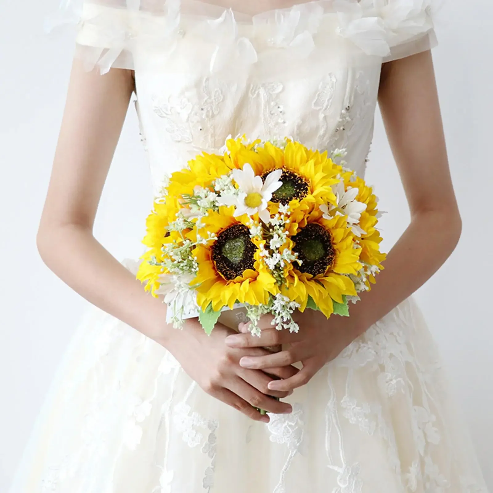 

Romantic Wedding Bride Hand Bouquet with Linen Rope Sunflowers Artificial Flowers for Anniversary Ceremony Centerpiece Decor