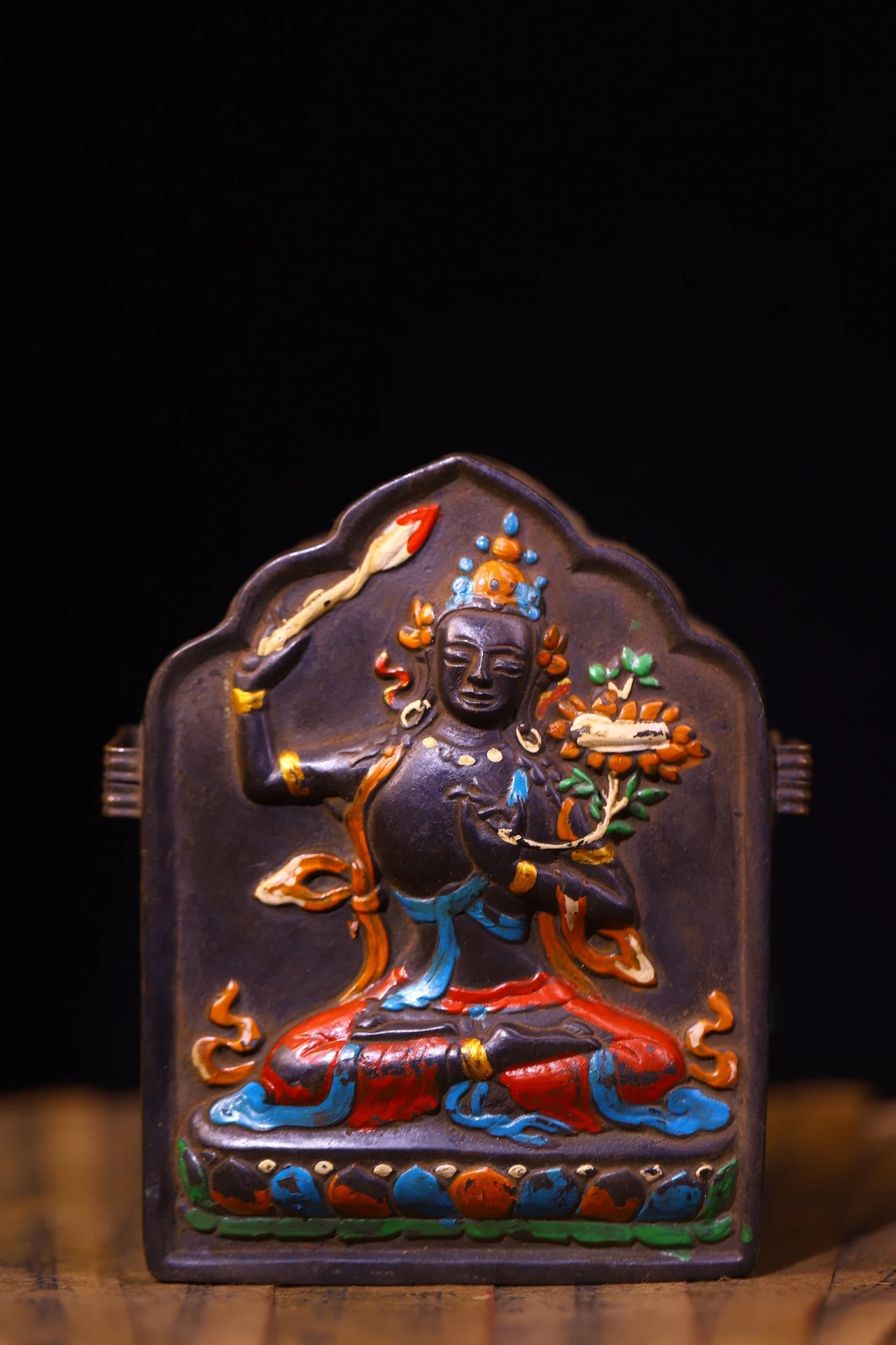 

5"Tibetan Temple Collection Old Bronze Painted Manjusri Bodhisattva Buddha Gawu Box Pendant Amulet Dharam Worship Hall