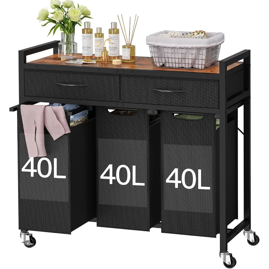 

3Section 120L Rolling Laundry Basket Organizer with 2 Drawers and 2Tone Top Panel Features PullOut Removable Ox Fabric Bags for
