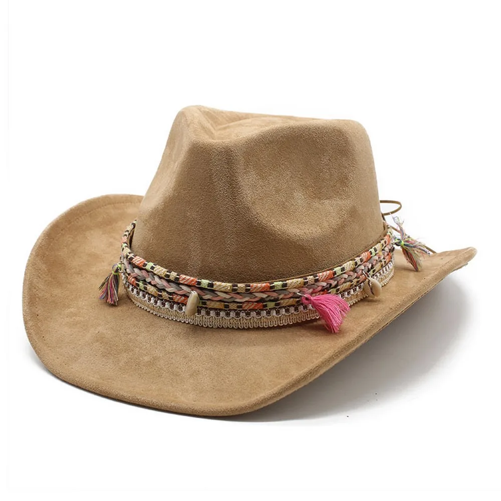 

Four Seasons Cowboy Hats For Women And Men Bohemian Style Caps Suede 57-58cm Braided Straps Tassel Decoration 2023 New In