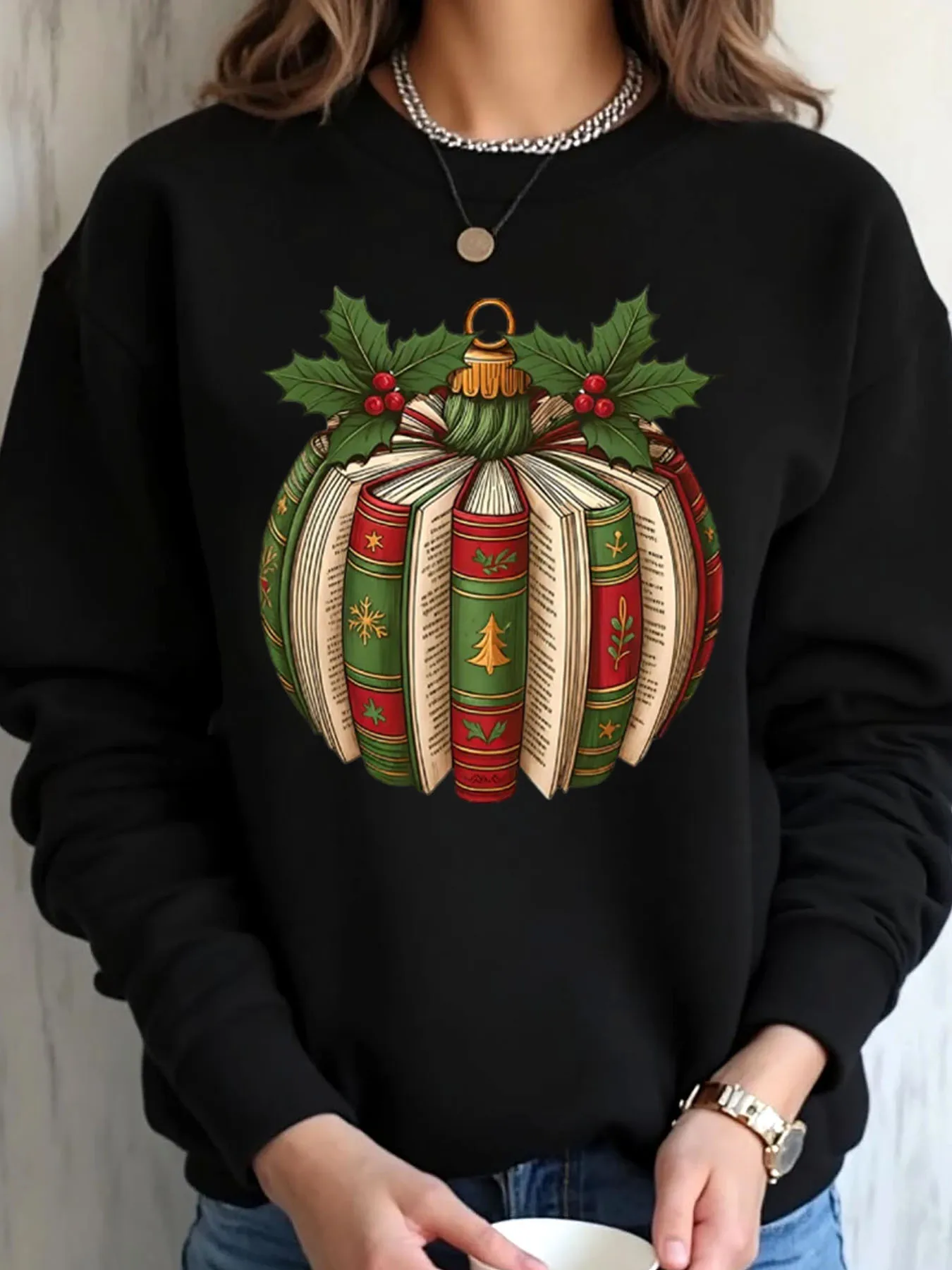 

Women Oversized Sweatshirt Christmas Books Ornament Print Outdoor Wear