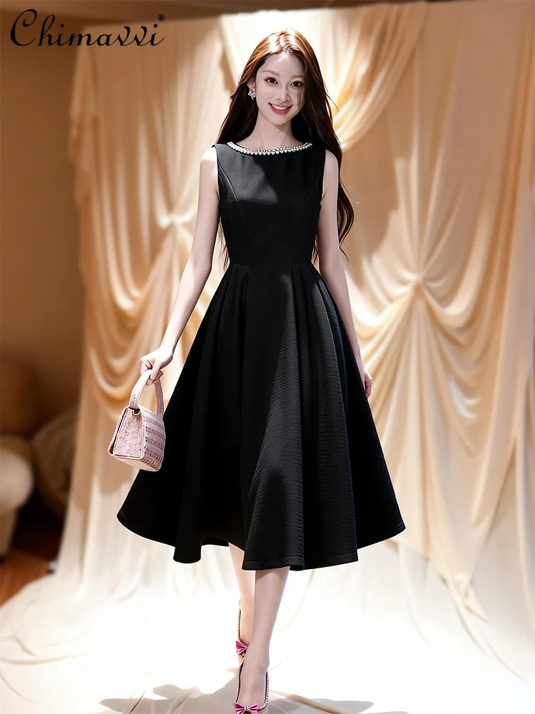 

French Hepburn Style Elegant Black Evening Dress Beaded Round Neck Sleeveless High Waist A-line Temperament Long Dress for Women