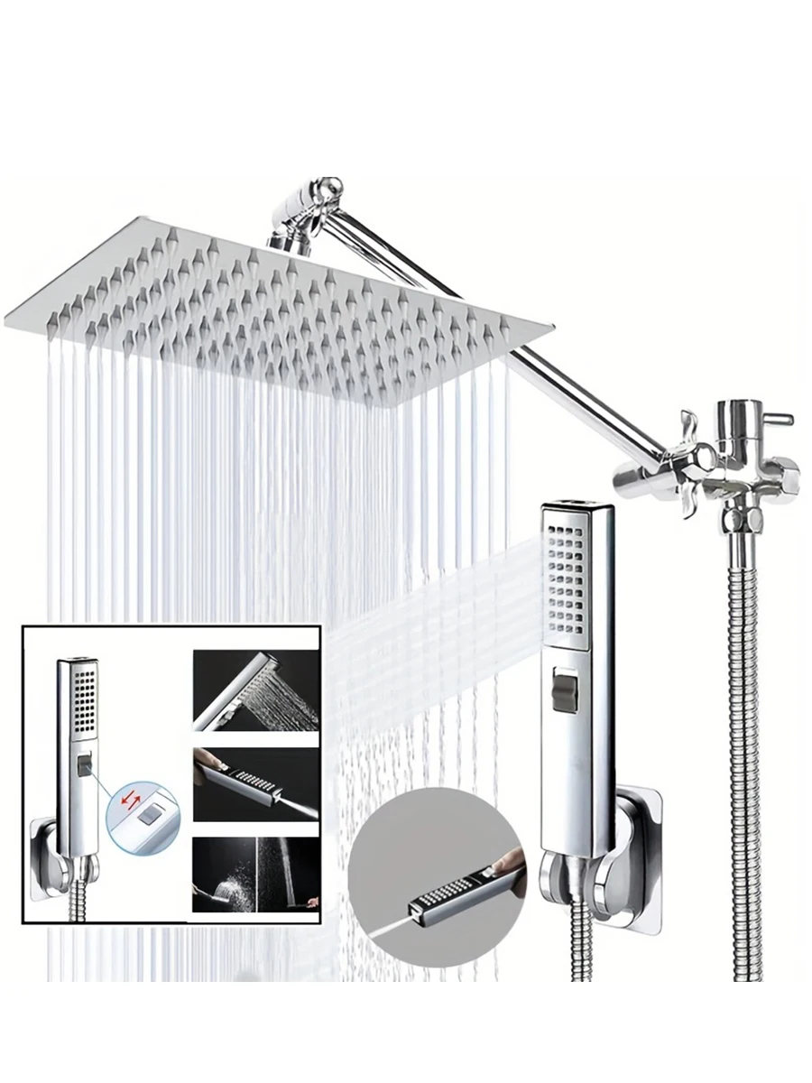 Powerful High Pressure 8'' Showerhead Set - 9'' Extension Arm - Square Rainfall