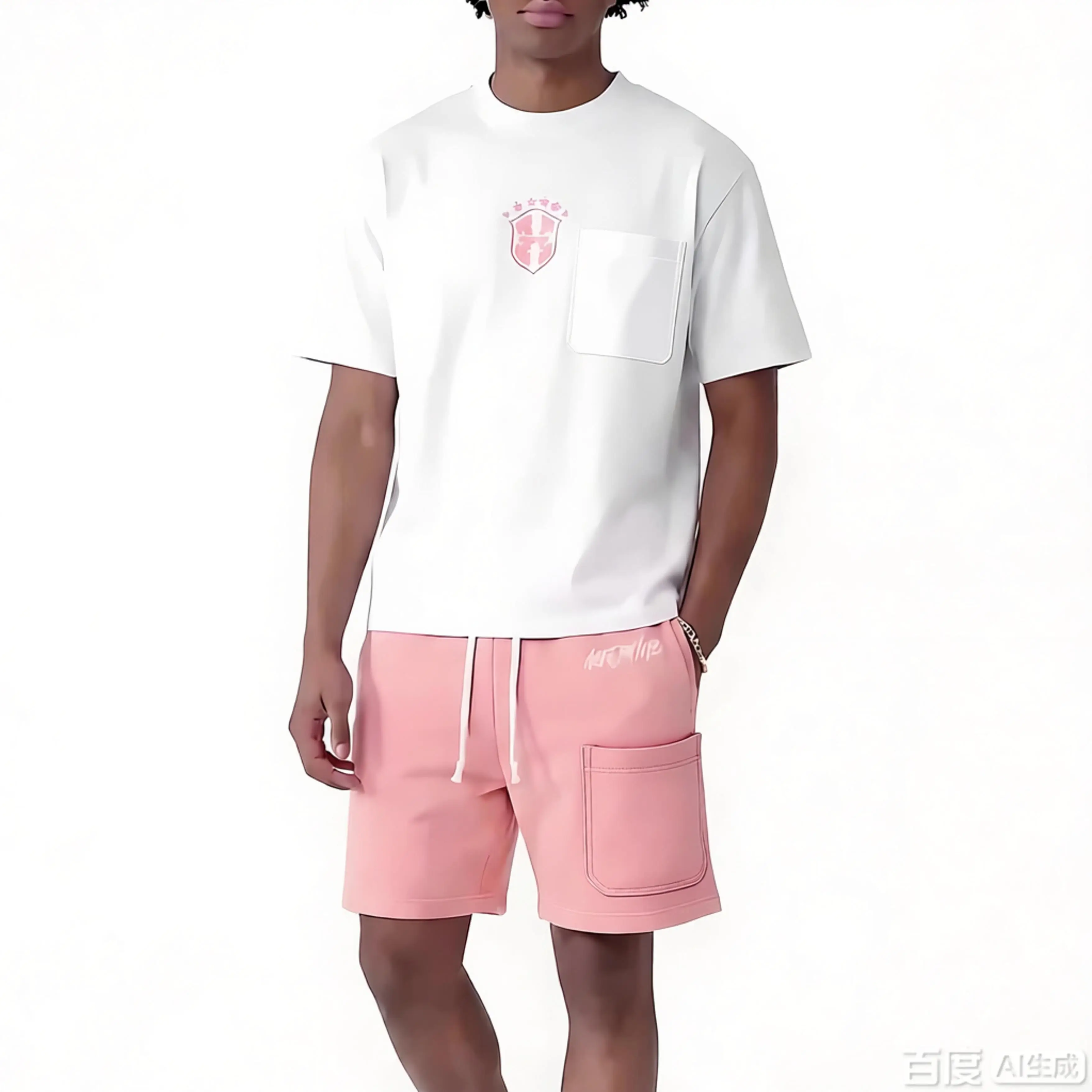 Summer new pink casual shorts straight through loose shorts printed round neck T-shirt set with Pocket