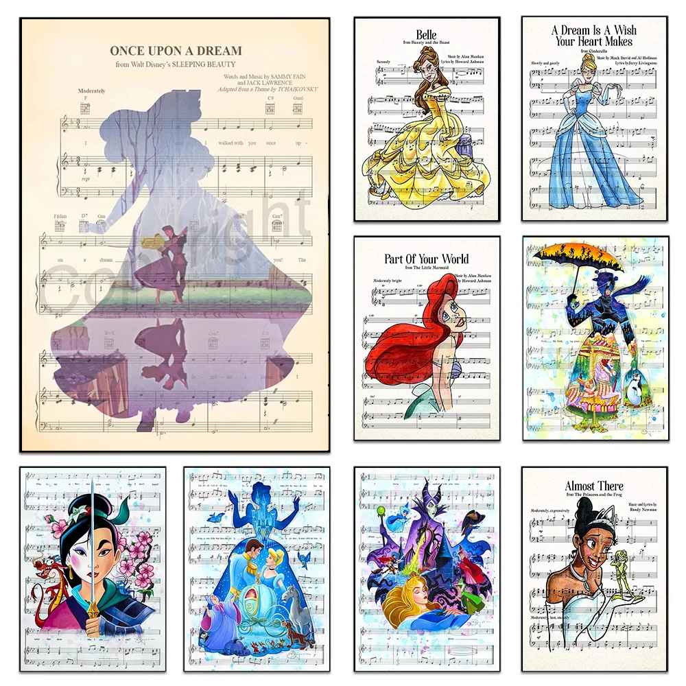 Póster de princesa de Disney, lienzo de dibujos animados, hoja de arte de pared, impresión de música, Cenicienta, Bella Durmiente, silueta de Aurora, pintura en lienzo
