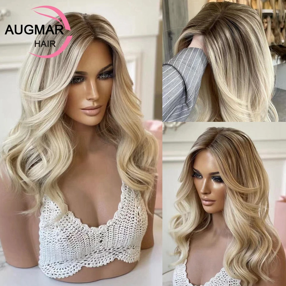 InjTop-Perruque Lace Front Wig Body Wave Naturelle, Cheveux Humains, Transparent, Blond, à Reflets, Densité 200, pour Femme