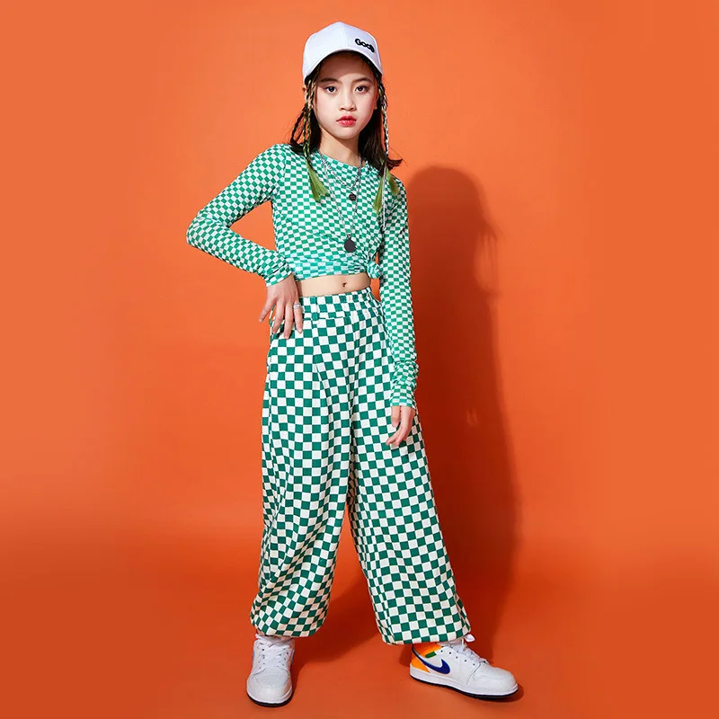 Ropa de Hip Hop Kpop para chico, camiseta de manga larga a cuadros, ropa de calle informal, pantalones para correr para niña, traje de baile de Jazz