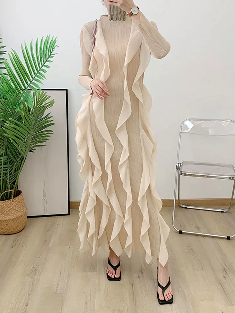 Miyake 플리츠 패션 드레스, O넥 긴팔, 스플라이스 프릴, 2023 여름 이브닝 파티 의류, 레이디 중동 핫세일