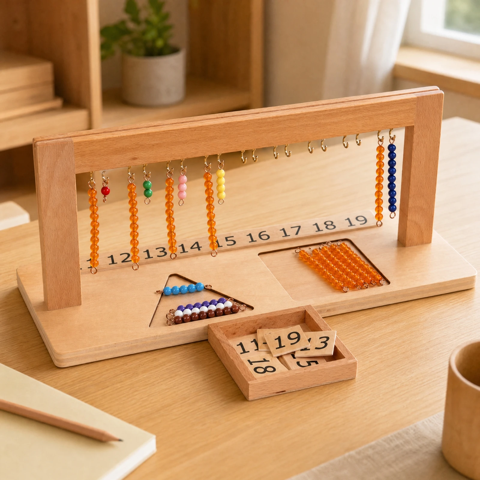 Montessori Mathematics Teaching Apparatus with Bead Strands Tactile Hands-on Arithmetic Practice Tool with Numbered Card Holder