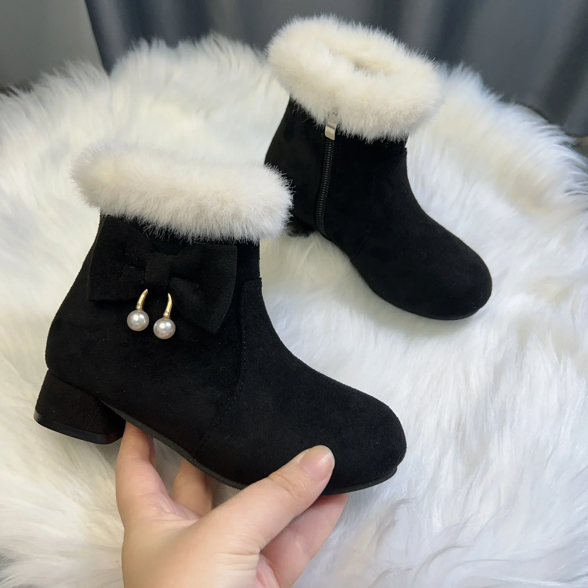 Botas Niña Brand Girls Boot 2025Autumn New Bow Princess Boot Fashion Hairy Girl Shoe Suede Winter Women Boots Versatile Kid Shoe