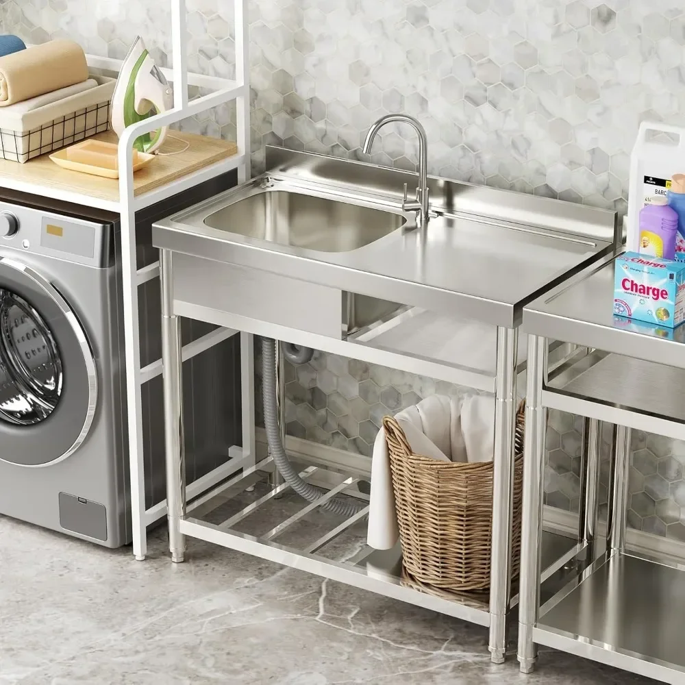 Outdoor Sink with Workbench & Storage Shelve with Hot and Cold Water Pipes (39 in (Left bowl))