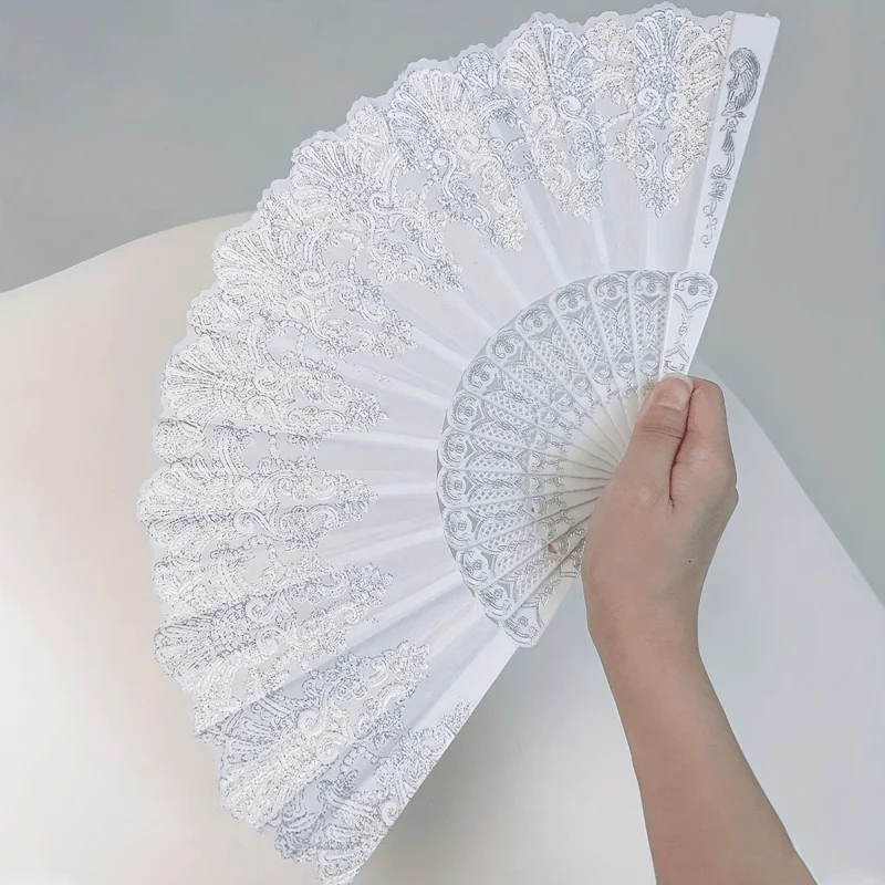 White Lace Pattern Folding Hand Fan Vintage European Court Style Foldable Fan Lolita Wedding Photoshoot Prop Bridal Decorative
