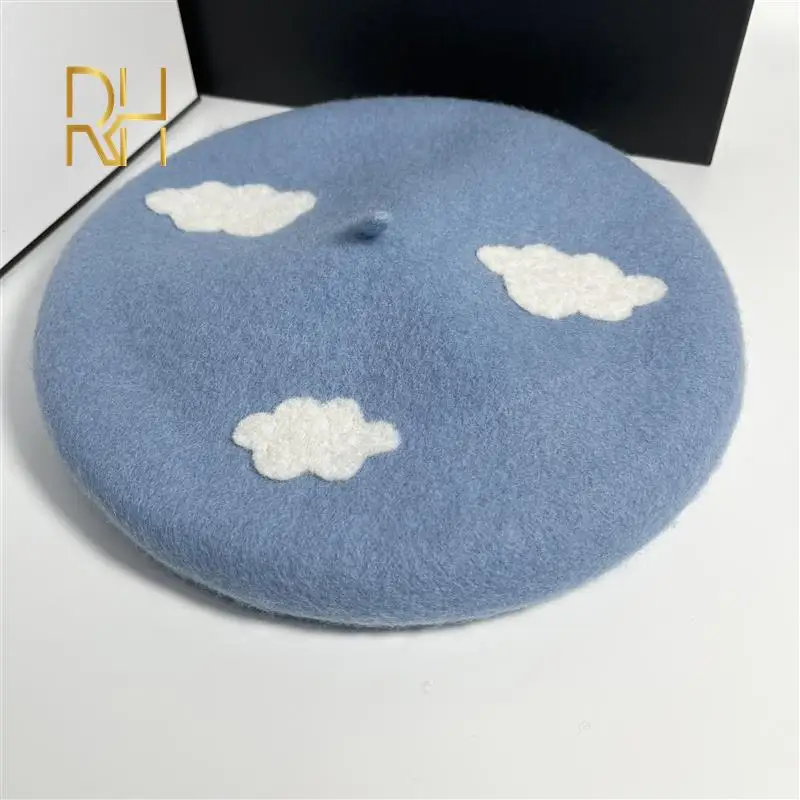 RH Ladies Handmade Wool White Clouds Cute Casual Girls Young Soft Sister Sky Blue Thick Berets Painter Cap