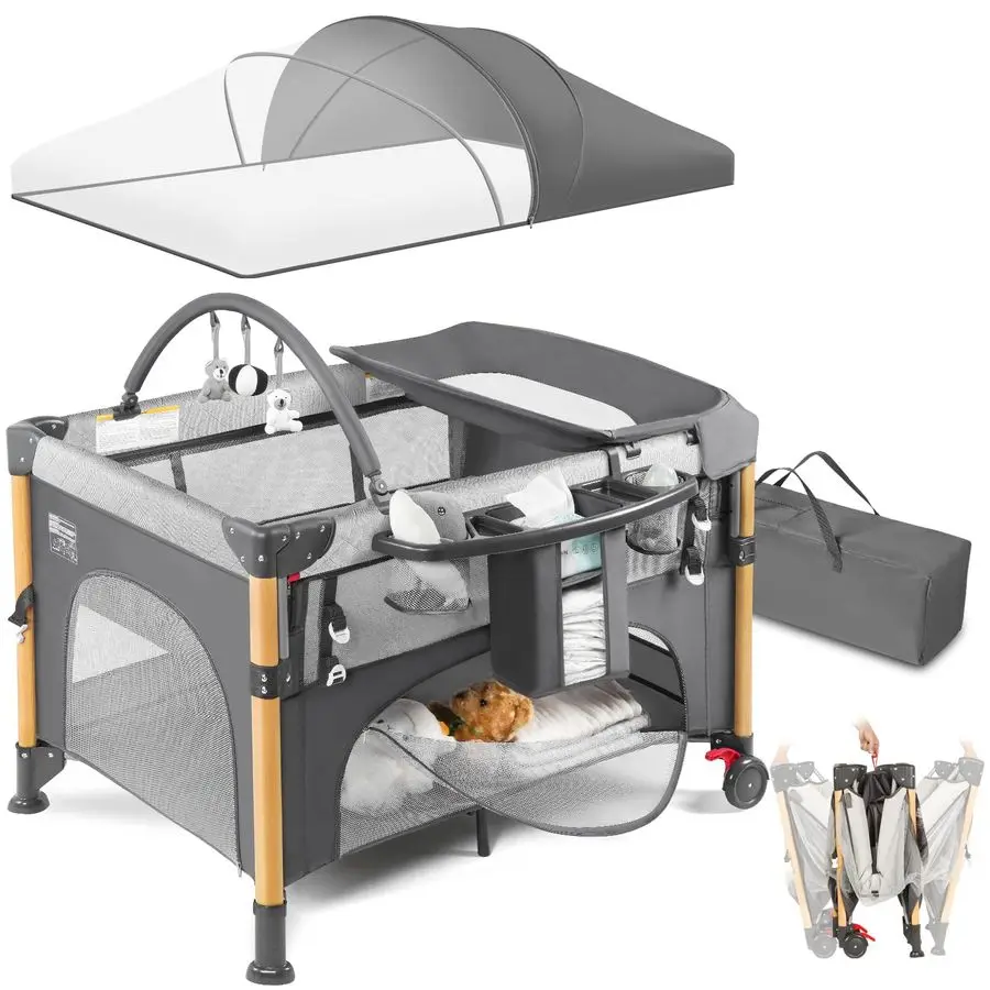 سرير سرير بجانب السرير مع إعداد يد واحدة 5 في 1 حزمة قابلة للطي وتشغيل للسفر، سرير أطفال محمول مع إعلان مبدل الحفاضات