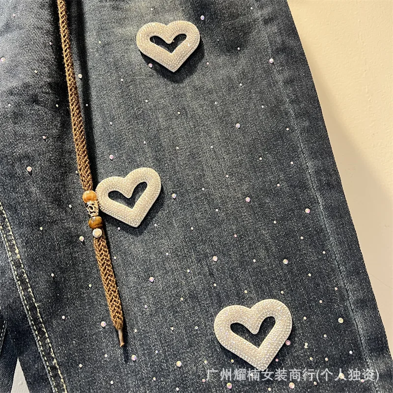 2026 New Autumn Fashion Shiny Hot Diamonds Ankle-length Denim Pants All-match Elastic Waist Vintage Washed Women Straight Jeans