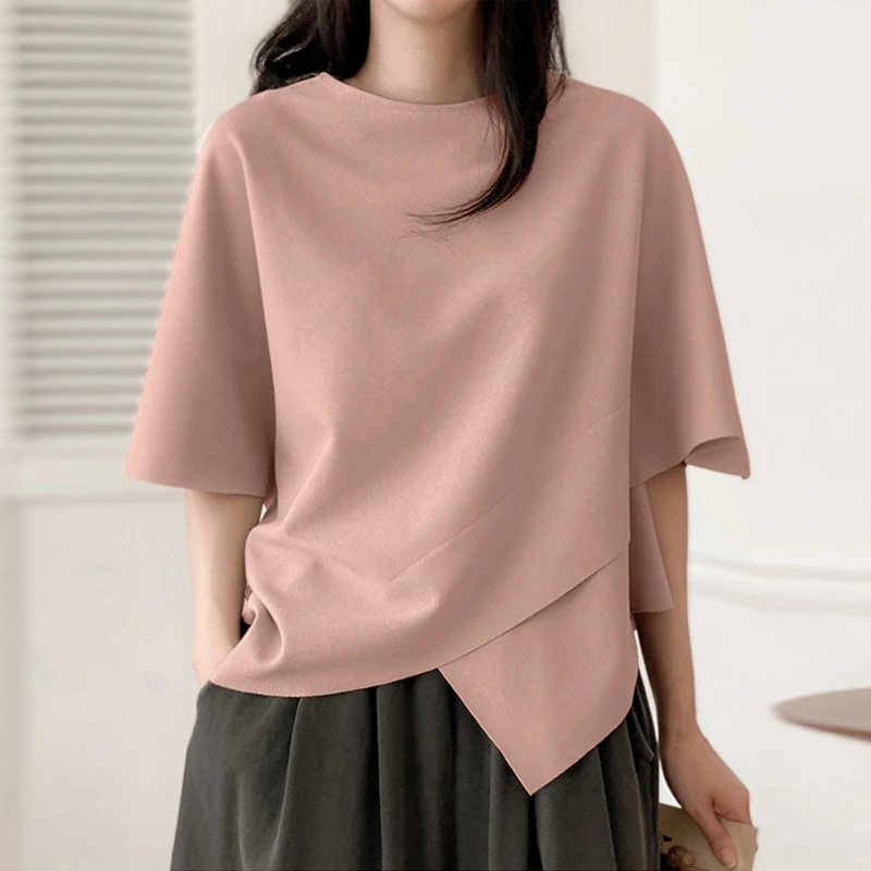

Women Asymmetrical T Shirt Fashion Summer Half Sleeve Tees Korean O-Neck Plain Tunics Casual Loose Solid Simple Tops