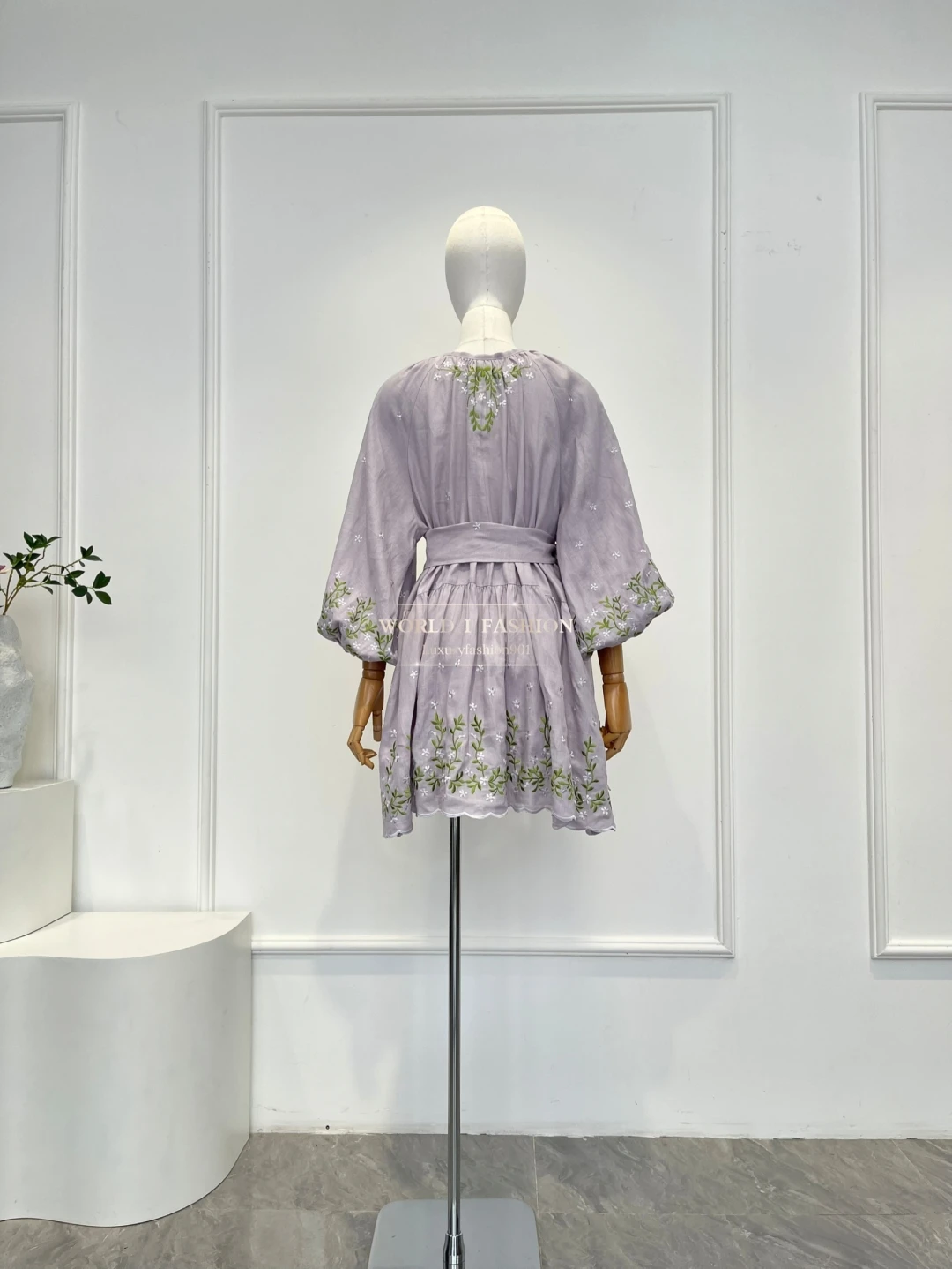 

2025 New Violet Vine Embroidery Long Sleeve Pleat Mini Dress