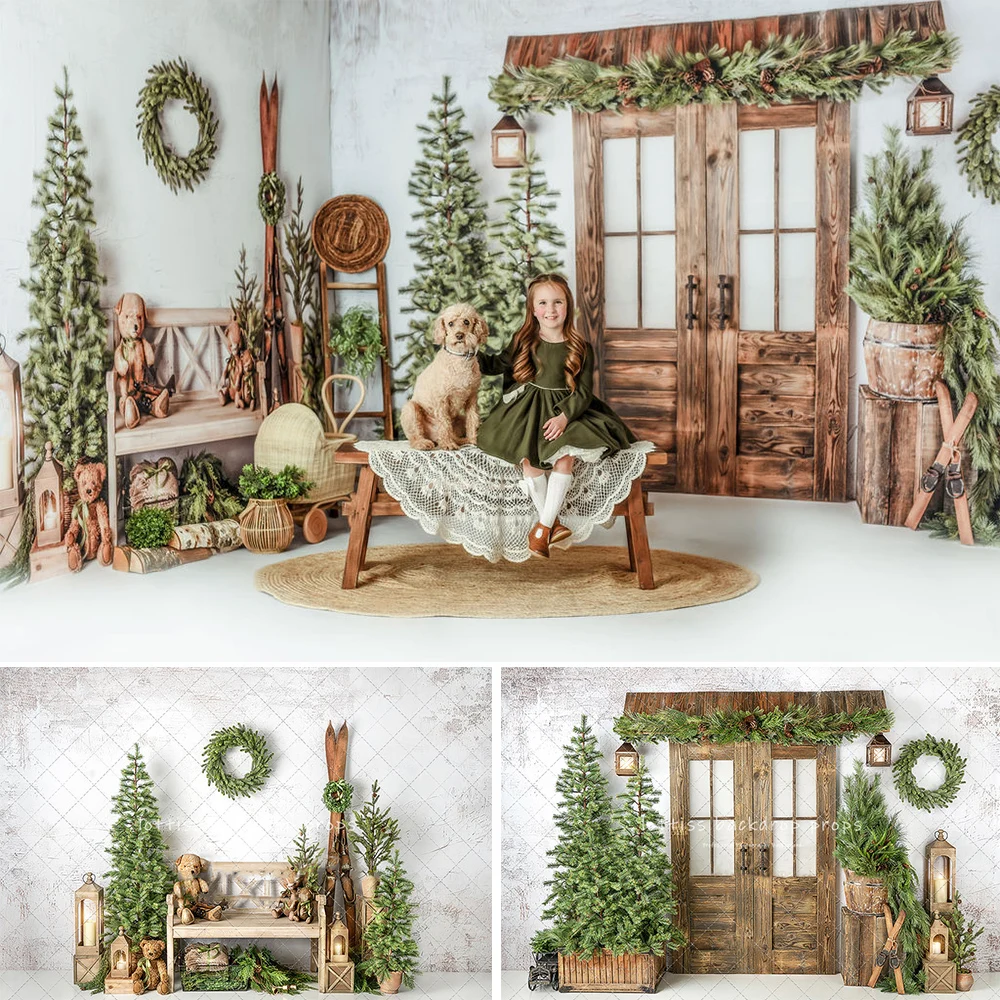 Antique Festive Foyer Backdrops Kids Family Xmas Photography Props Christmas Trees Wooden Door Backgrounds