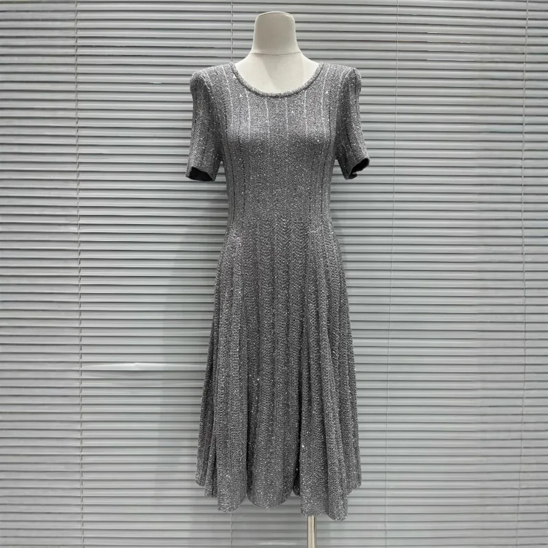 CHUJIE 2025 Vestido de malha da moda verão – Vestido elegante slim fit de manga curta com gola redonda e enfeite de lantejoulas