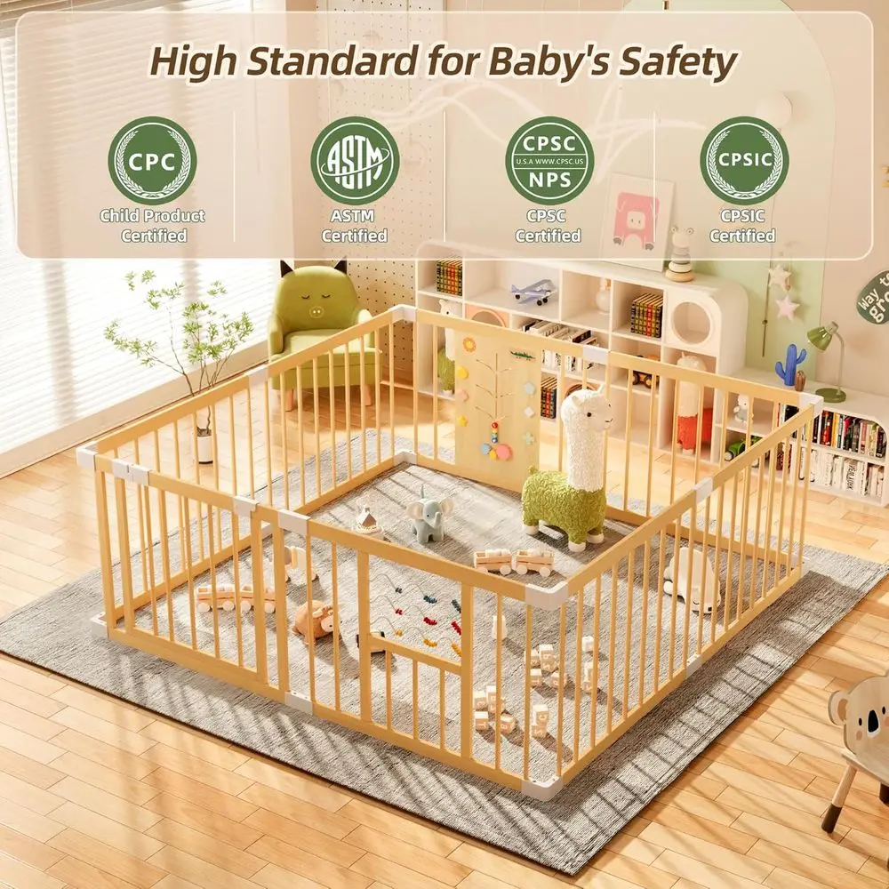 Box in legno extragrande con cancello con serratura, centro attività regolabile per neonati e bambini piccoli, recinzione da gioco per interni, 63 x 63 x 24