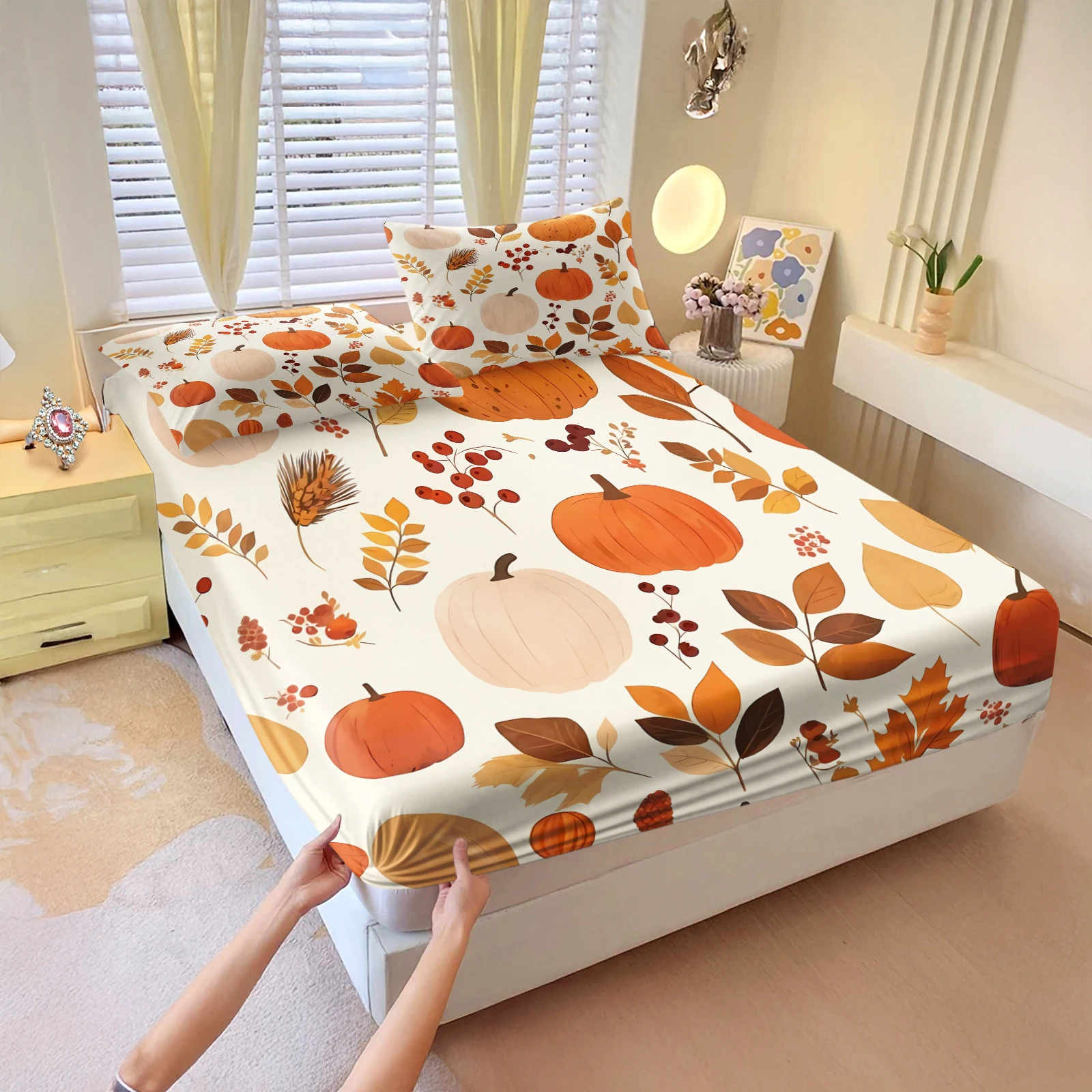 Fall Pumpkin Leaves Printed Fitted Sheet Set Harvest Season Bedding Cover Soft Bed Sheet with Pillowcases Autumn Home Decoration
