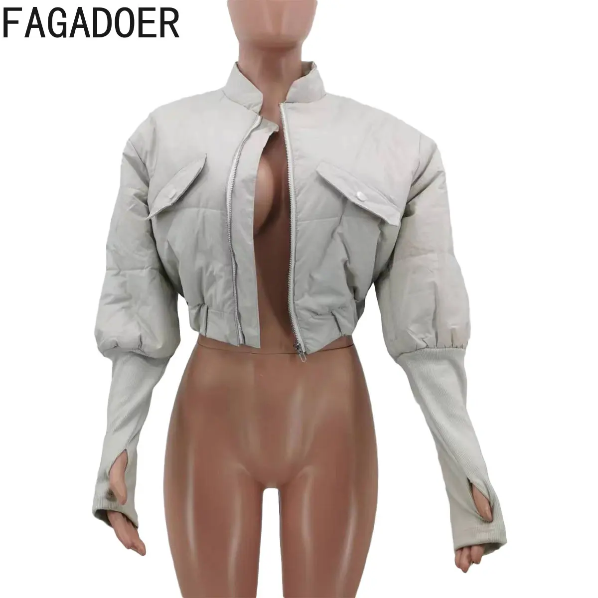 FAGADOER Autumn Winter Women Patchwork Ribber Cotton-padded Casual Zipper Long Sleeve Crop Tops Female Reversible Warm Jackets