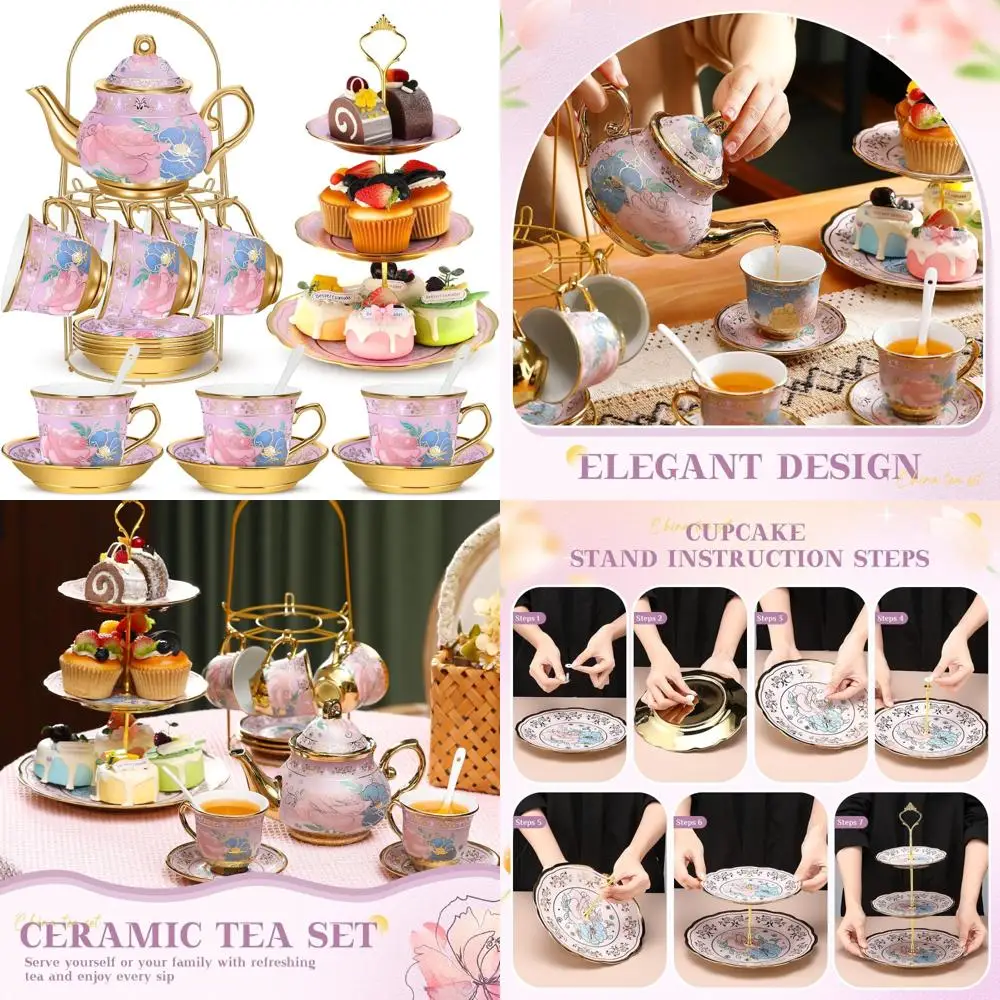 

Фарфоровый чайный сервиз на 21 предмета с металлическим держателем и подставкой для кексов — элегантный керамический чайник, чашки, блюдца и многоуровневая башня для