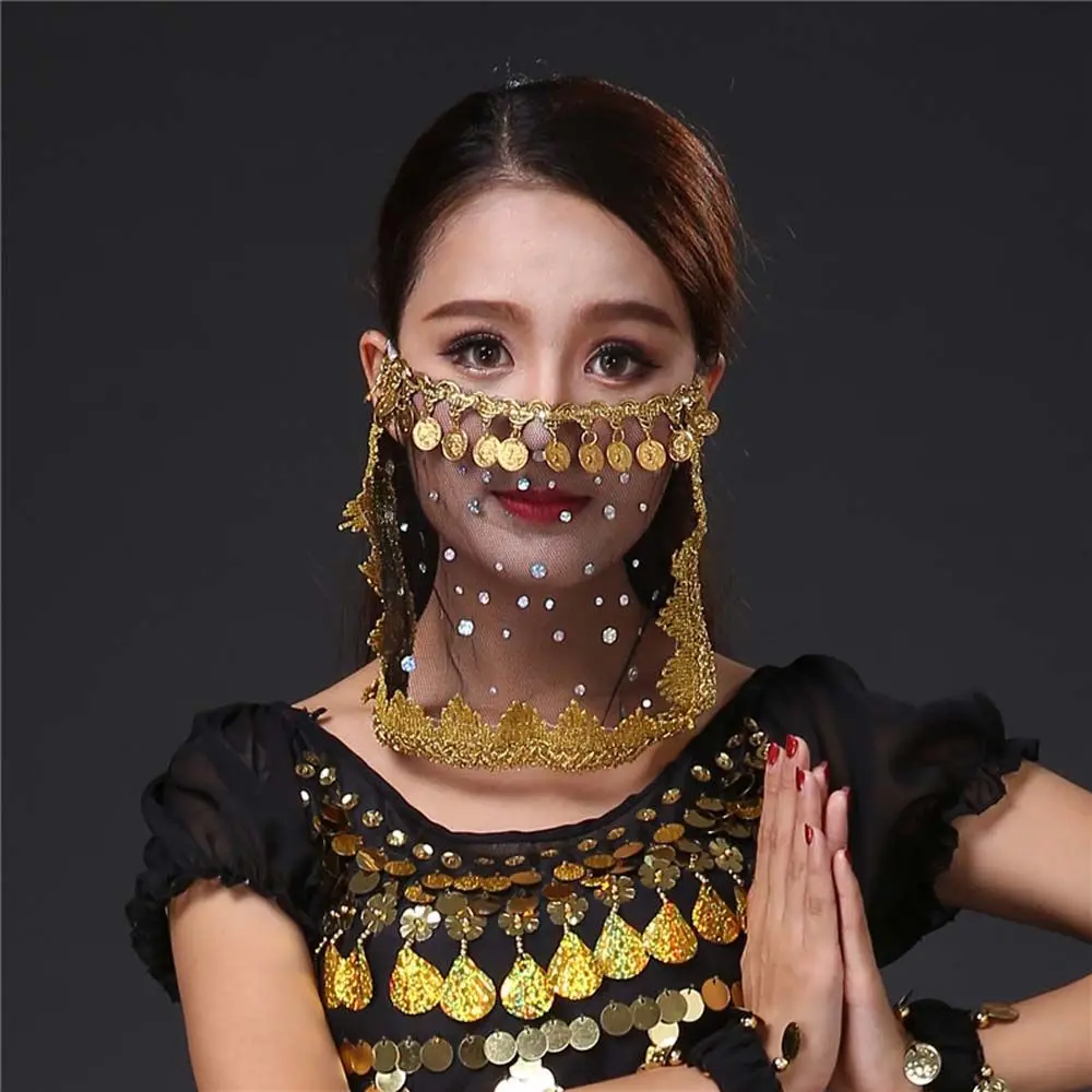 Indian Tribal Belly Dance Bordir Sequin Mesh Muka Kerudung Kinerja Kostum Aksesori