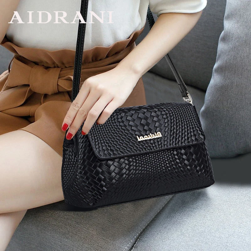 Aidrani minimalistyczny damski jeden torba na ramię crossbody, tkany wzór tekstura, materiał ze skóry bydlęcej, czarny