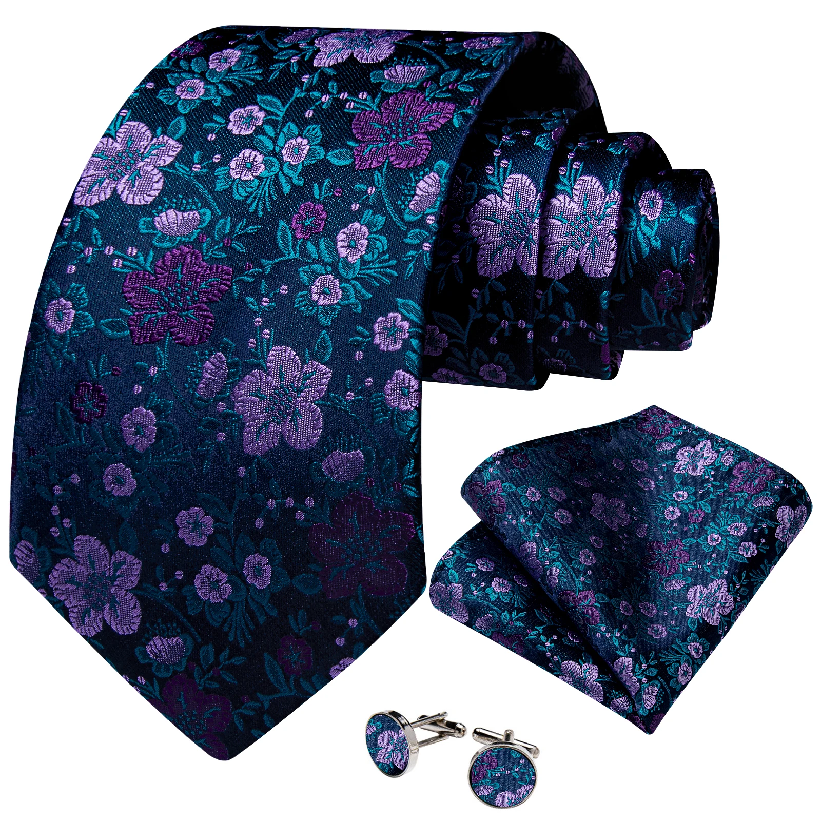Floral Wedding Tie Set 3Pcs Mens Handkerchief Cufflinks for Groom Groomsmen Formal Business Banquet Office Prom Party Event