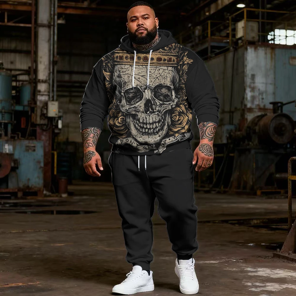

-9xl plus size Big & Tall Hoodie Set with Skull - 2-Piece Trendy Vibe, Breathable Material, Sleek Skull Designs