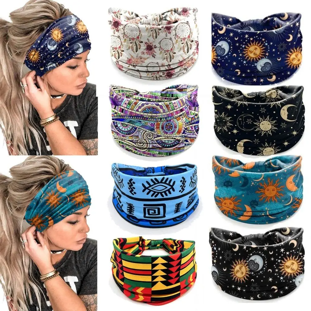 

New Elastic Wide Headbands Vintage Knot Boho Turban Star Printed Wide Brim Soft Bandana Girls