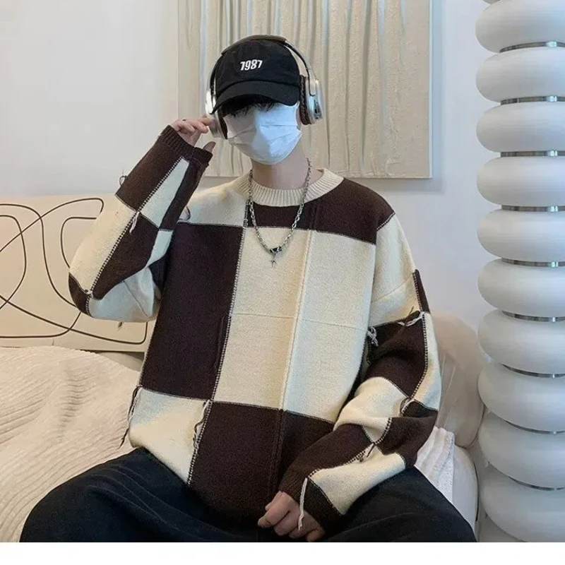 Plaid Sweater Men Spring and Autumn New Splicing Pullovers O-Neck Fashion Loose Minimalist Casual Long-sleeved Knitted Tops