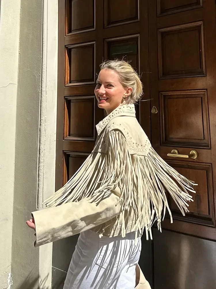 Pu Suede Jacket Women Fashionable New 2025 Long Sleeve Tassel Lapel Collar Cropped Slim Coat Lady Street New Outerwear
