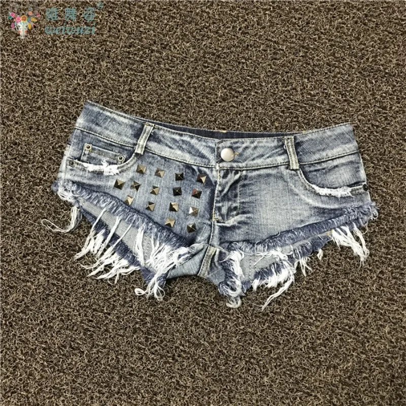 Sexy Women Rivet Denim Ultra Shorts Low Rise Denim Open Crotch Shorts Jeans Nightclub Pole Dance DS Mini Shorts Flirting Uniform