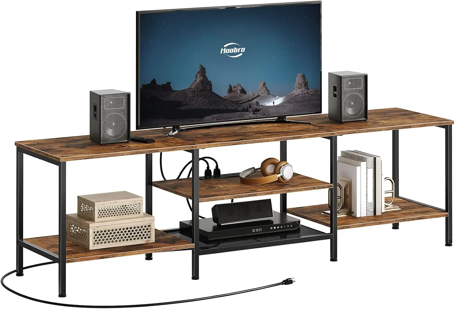 

TV Stand with Power Outlets for 75' TV, Industrial Media Console with Open Shelves, Rustic Brown & Black BF80DS01