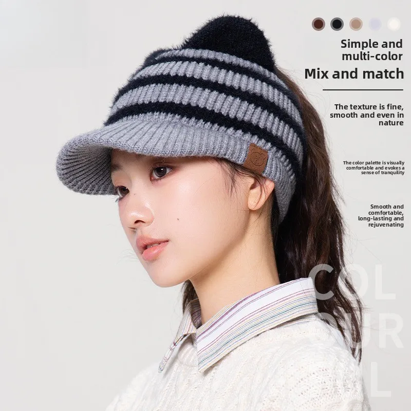 High Quality Korean Winter Thickened Striped Cat Ears Knitted Empty Top Hat Women's Outdoor Sports and Leisure Baseball Cap