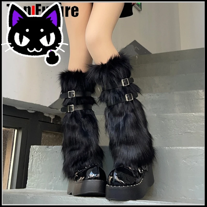 

2025 misa hot sale Women Spice Girl Harajuku Punk Black furry gothic Lolita furry Leg Warmer Women Winter Warmer Foot Cover Y2K