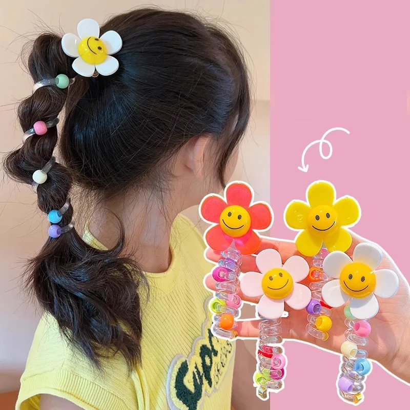 Candy Color Flower Telephone Wire Line Elastic Rubber Braided Hair Rope For Women Girl Sweet Ponytail Headband Hair Tie Loop