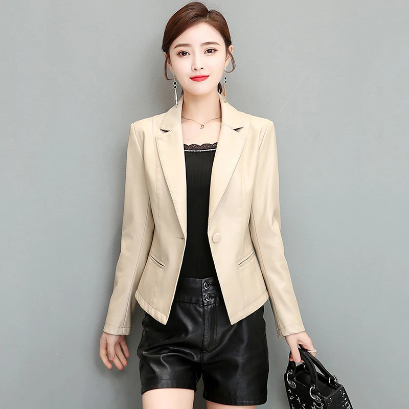 Spring 2025 Women's Slim Fit ort Leather Jaet eepskin True Leather Faionable Small Suit Sle Outerwear Coat