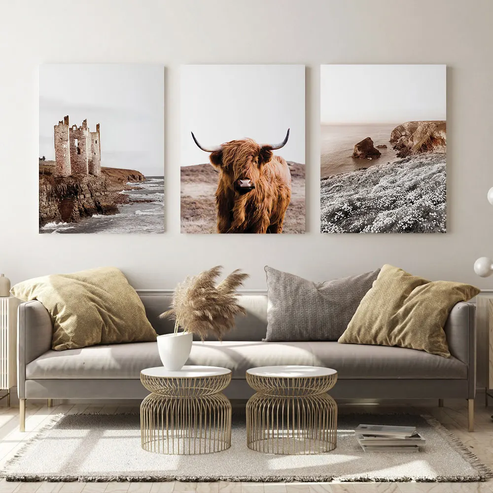 3 Piece Autumn Highland Cow Poster Canvas Print Painting Farmhouse Wall Art Bedroom Study Studio Living Room Home Decoration