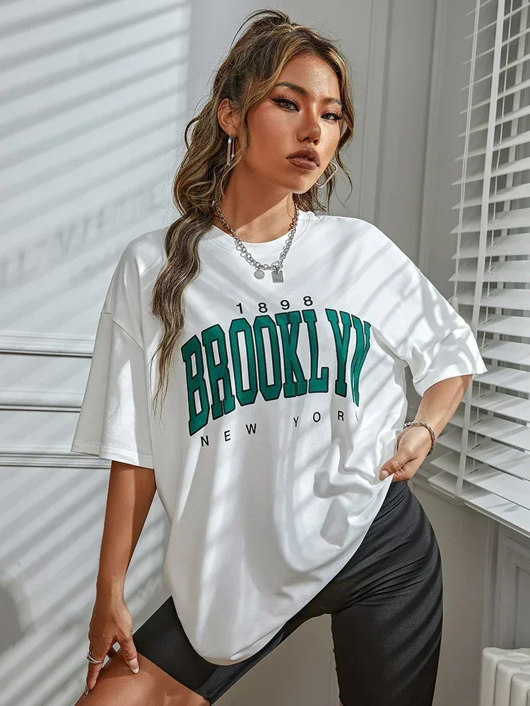 Vintage Oversized Tshirt 1898 Brooklyn Print York Letter Drop Shoulder Priting Women T-Shirt Simple Clothes Female T Shirt