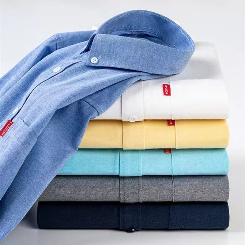 New Men's Oxford Shirts 100% Cotton Button Down Long Sleeve Casual Solid Color Single Pocket Slim Fit Office Daily Wear Multiple