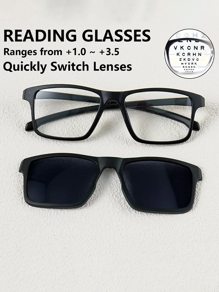 Magnetische Lesebrille mit UV-Schutzgläsern – +1,0 bis +3,5 Vergrößerung, modische quadratische Lesebrille, Sonnenbrille