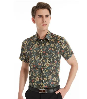 

2024 Vintage mulberry silk printed color silk shirt men's short sleeve silky day summer thin broken flowers