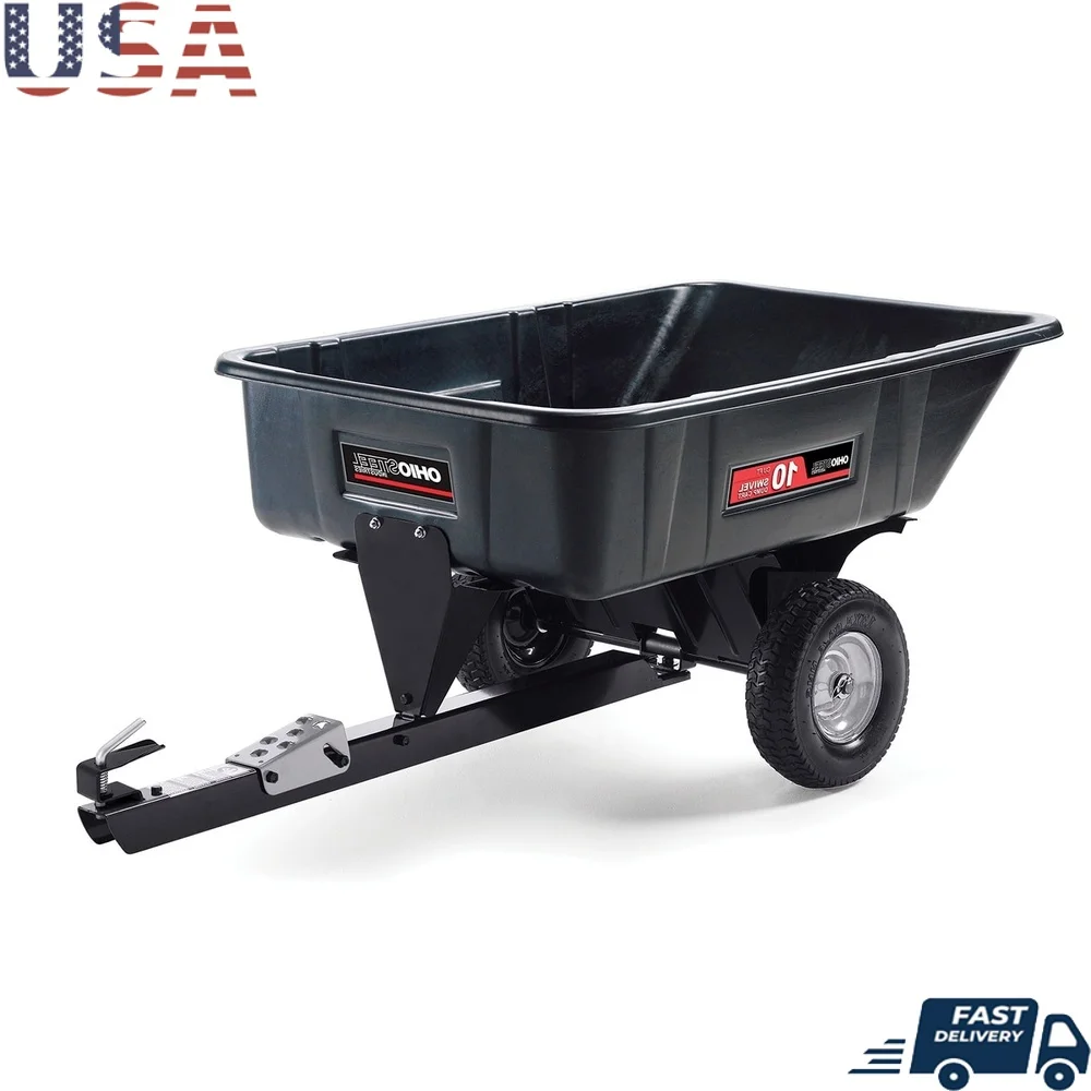 

10 Cubic Foot Poly Swivel Dump Cart Garden Tractor Mower Heavy Duty 600lbs Capacity Spring Loaded Hitch Foot Pedal Release