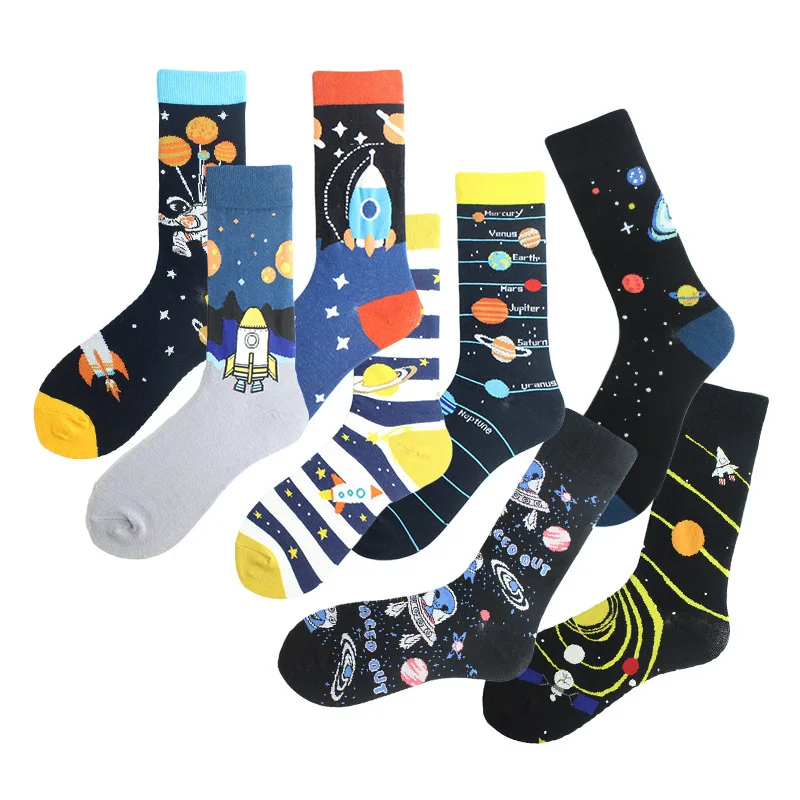 Happy Funny Unisex Painting UFO Astronaut Outer Space Rocket Men Crew Socks Male Boys Streetwear Cotton Causal Skateboard Sox