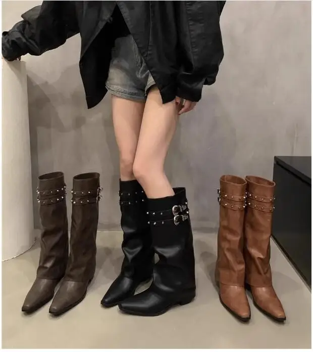 American Retro Studded Knight Boots, Women's Style Knee High Boots, Fashionable Button up Shoes