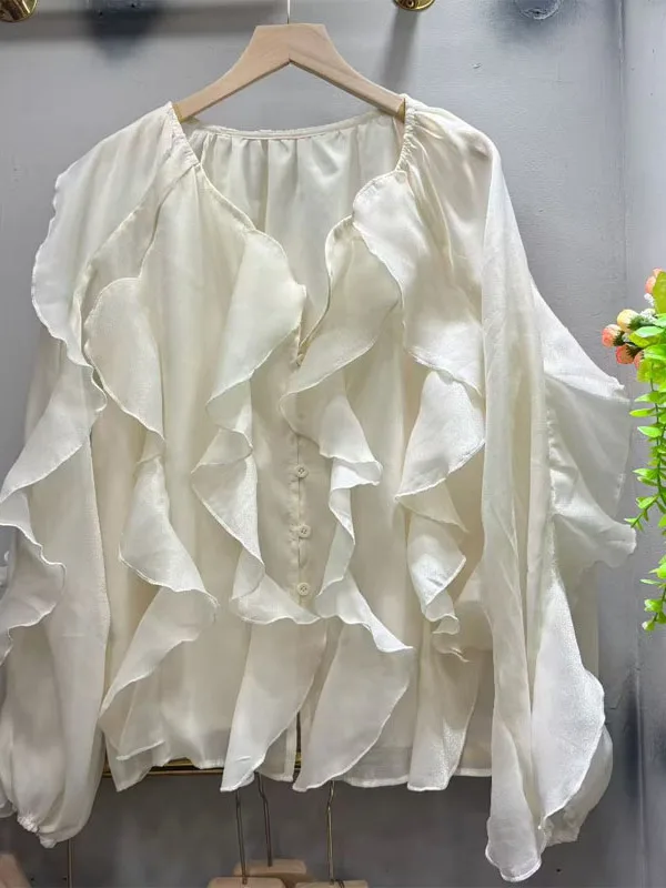 

Korean Sle Dongdaemun Heavy Industry Wooden Ear Fold Women's irt round Ne Micro Long Sve Chiffon Top Trendy