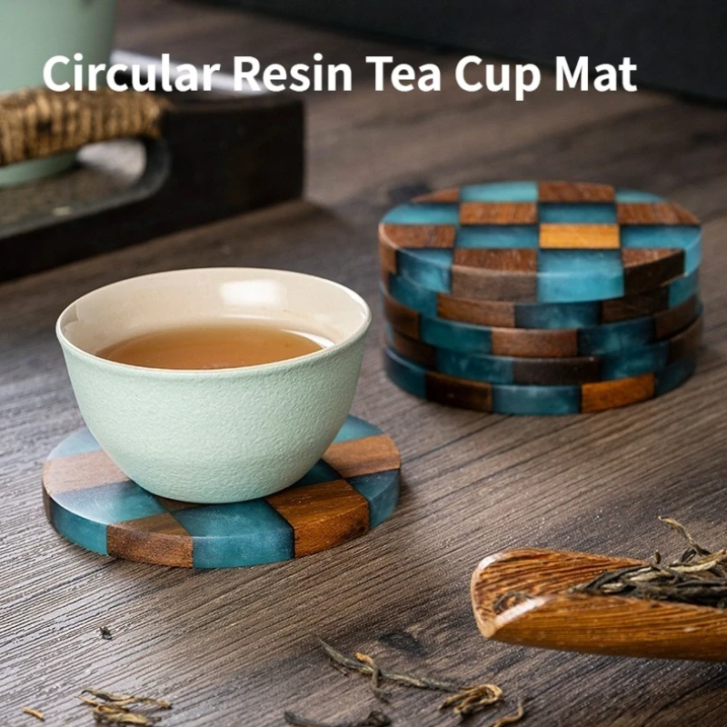 B New Round Wood Resin Coaster Geometric Checkered Cup Mat Heat Resistant Drink Coaster For Tea Coffee Table Home Decor